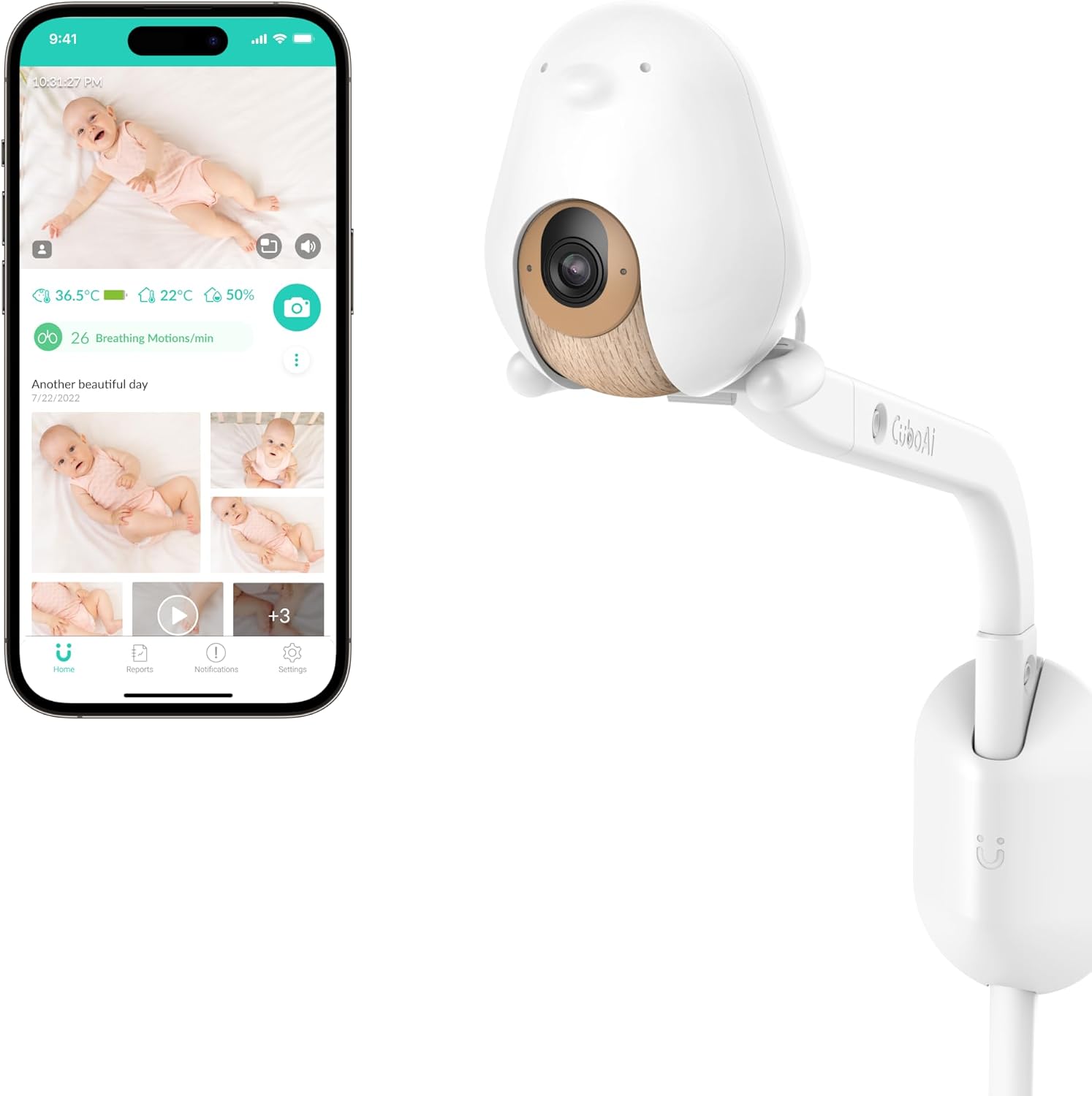 Cubo Ai Plus Smart Baby Monitor, a white bird-shaped camera on a mounting arm with app