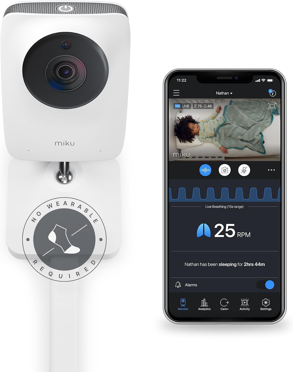 Miku Pro Smart Baby Monitor, a white camera with No Wearable Required badge and breathing app