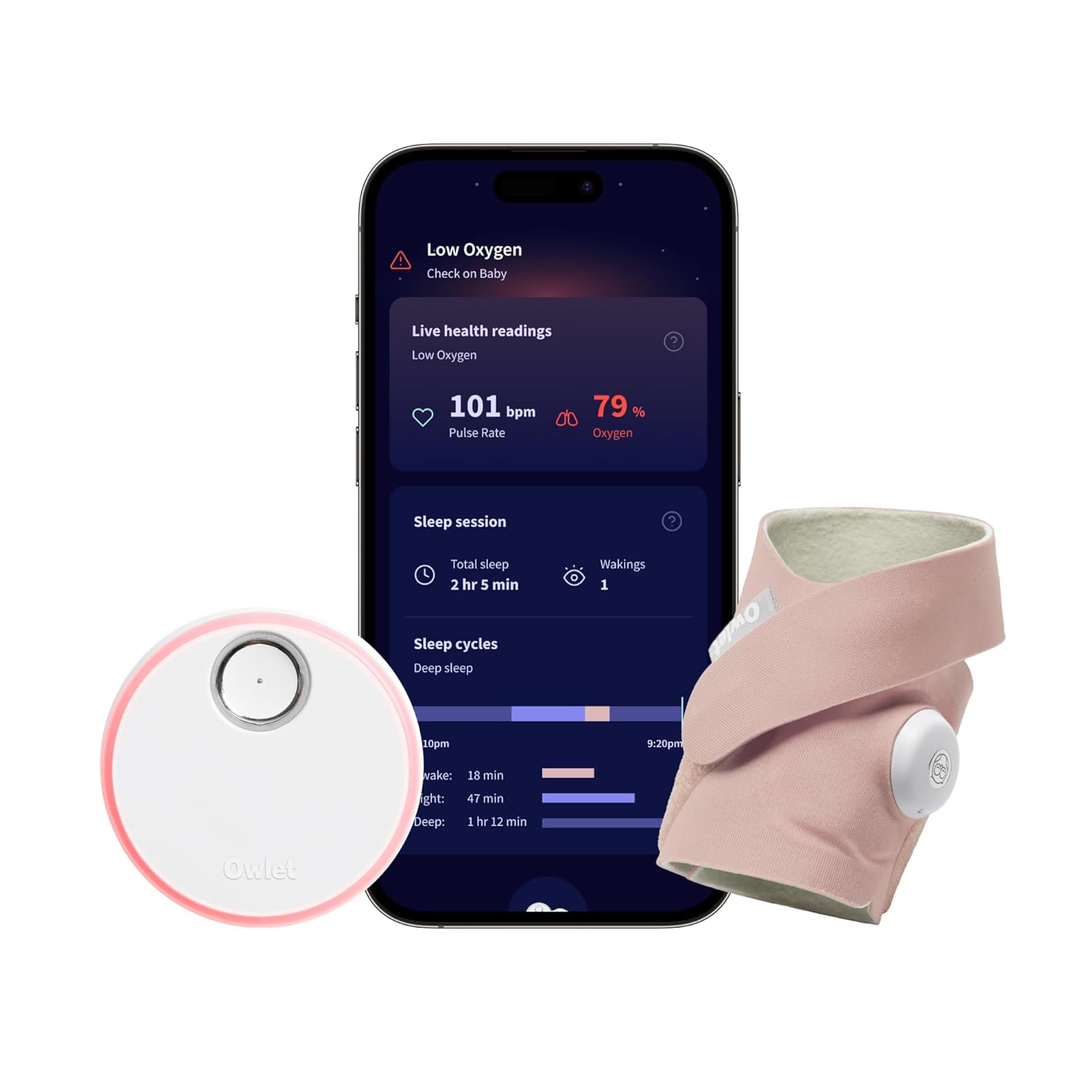 Owlet Dream Sock Smart Baby Monitor, a dusty rose fabric sock with base station and app