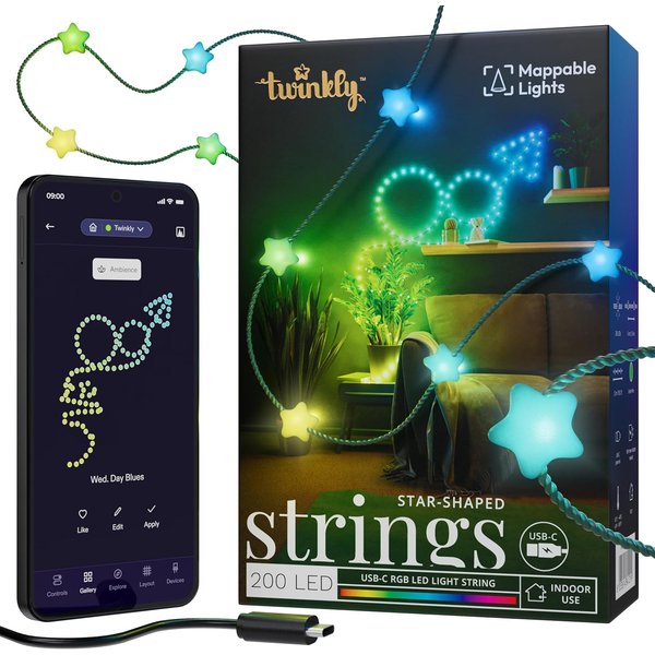Twinkly Strings star-shaped 200 LED USB-C smart indoor string lights