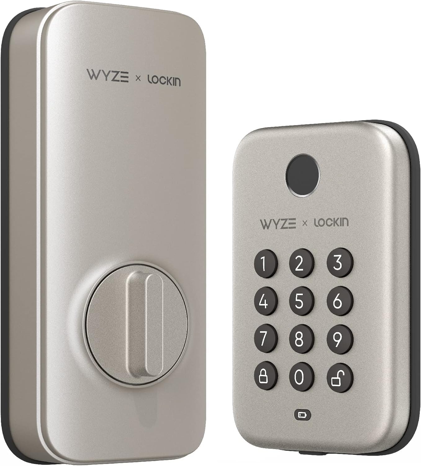 Wyze Auto-Lock Bolt smart deadbolt in satin nickel with separate fingerprint keypad