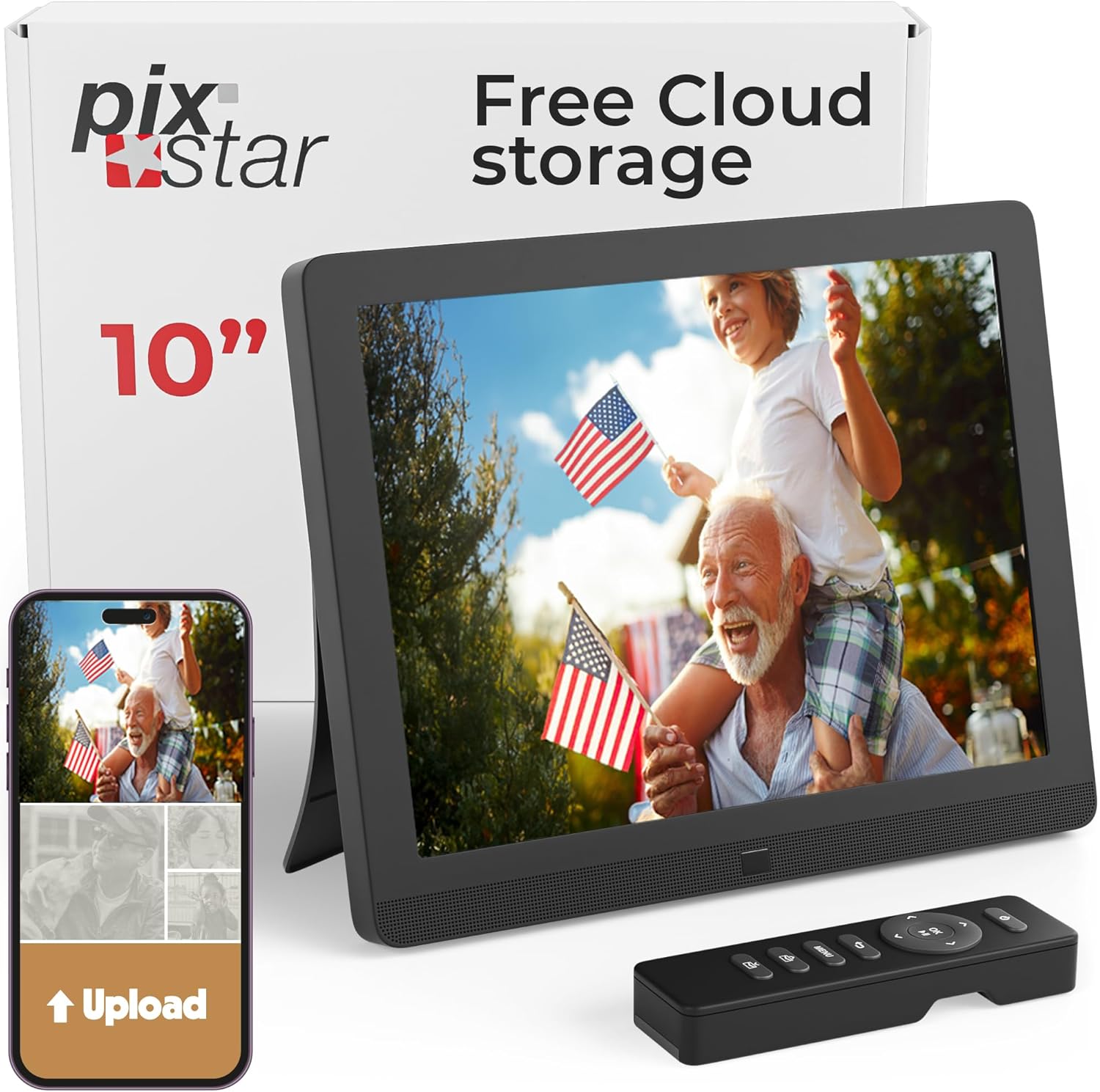 PixStar 10 inch WiFi digital frame for grandparents on a side table displaying family photos