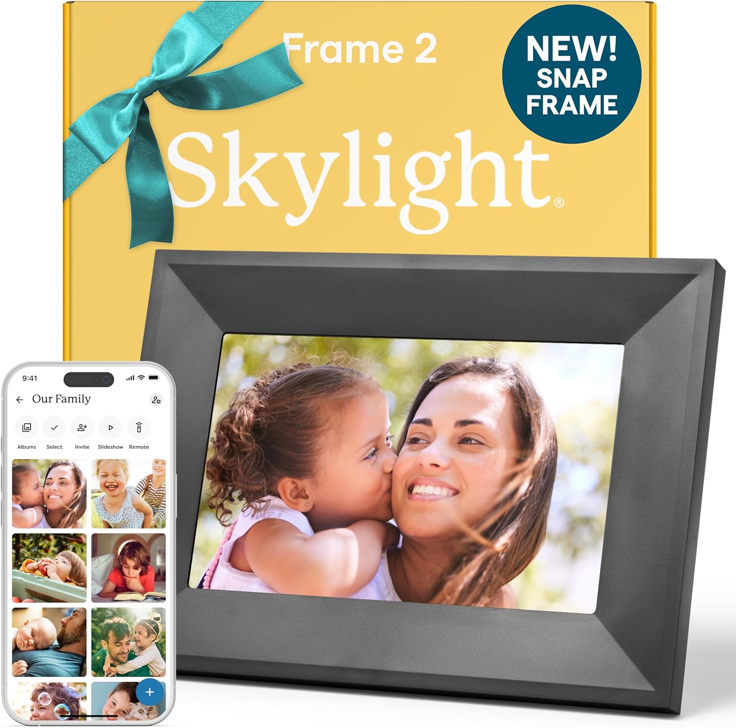 Skylight Digital Picture Frame 2 with 10 inch full HD touchscreen displaying a family photo