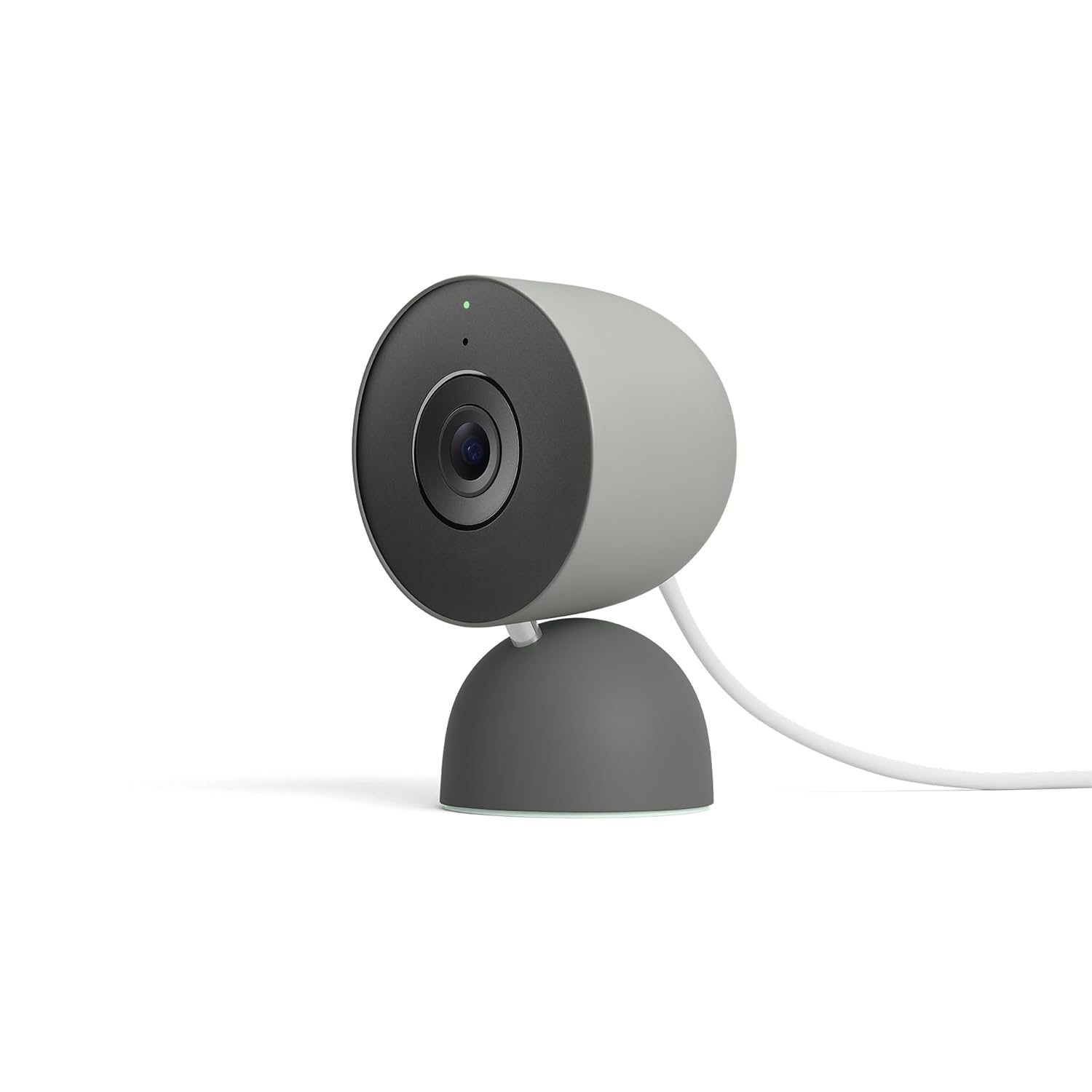 Google Nest Cam Indoor (Wired, 3rd Gen) in gray on a magnetic stand with cable