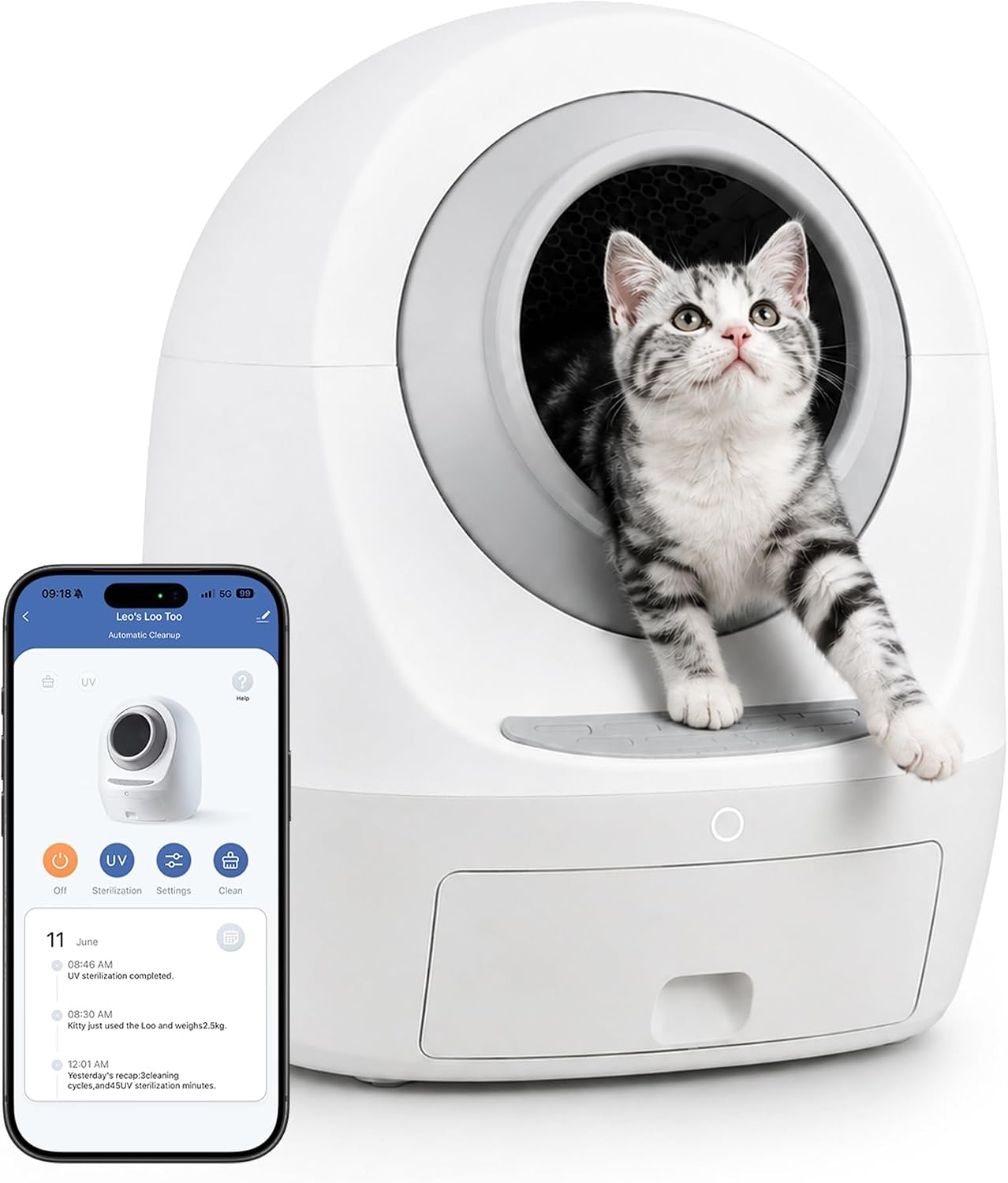 Casa Leo Leo's Loo Too WiFi self-cleaning cat litter box with app screen