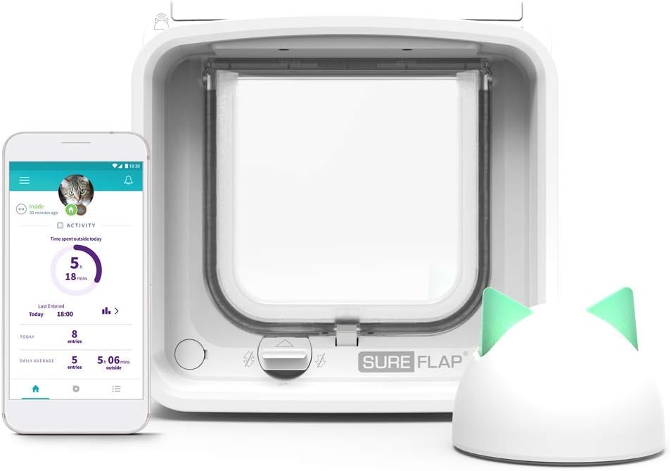 SureFlap Microchip Cat Door Connect with Hub Bundle showing flap, phone app, and hub