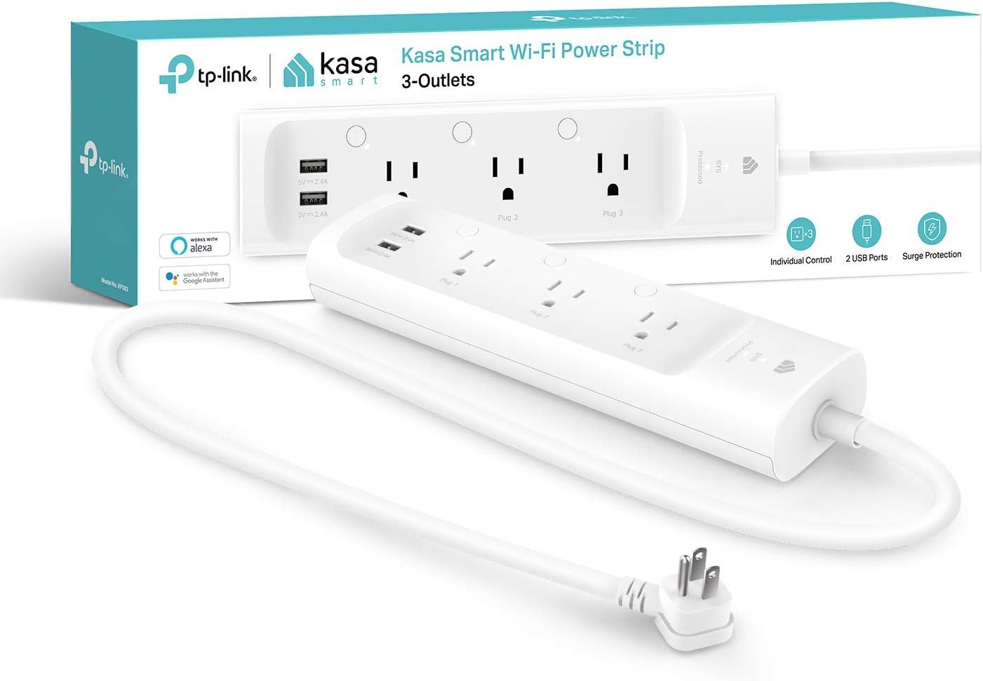 Kasa Smart Plug Power Strip KP303 with 3 individually controlled outlets and 2 USB ports