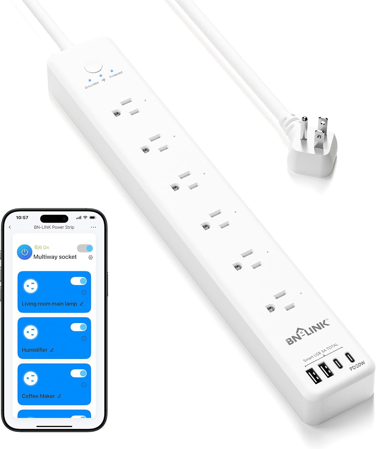 BN LINK smart power strip with 6 individually controlled outlets and 4 USB ports including 20W USB-C
