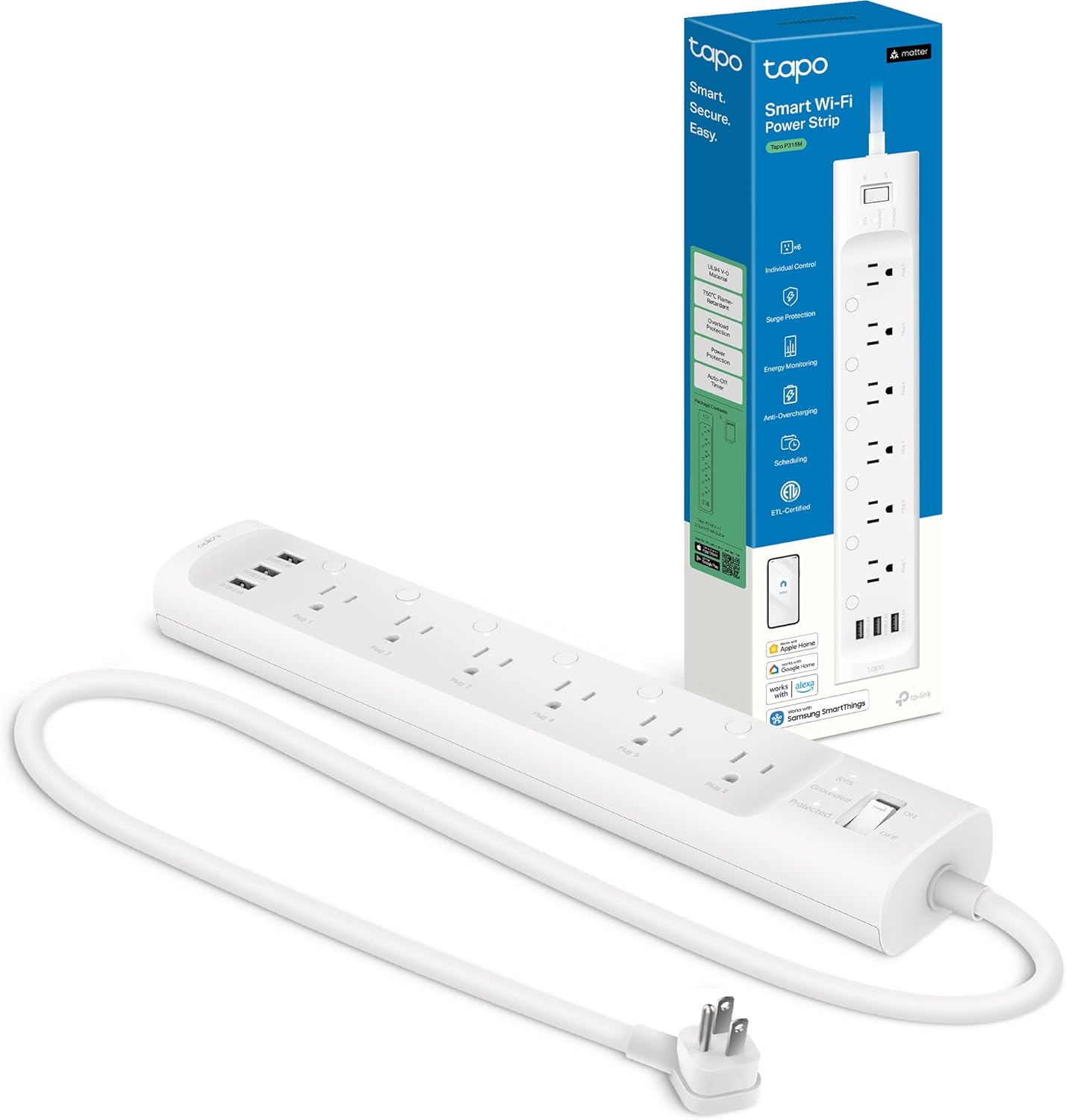 Tapo Smart Wi-Fi Power Strip P316M with 6 individually controlled outlets and 3 USB ports
