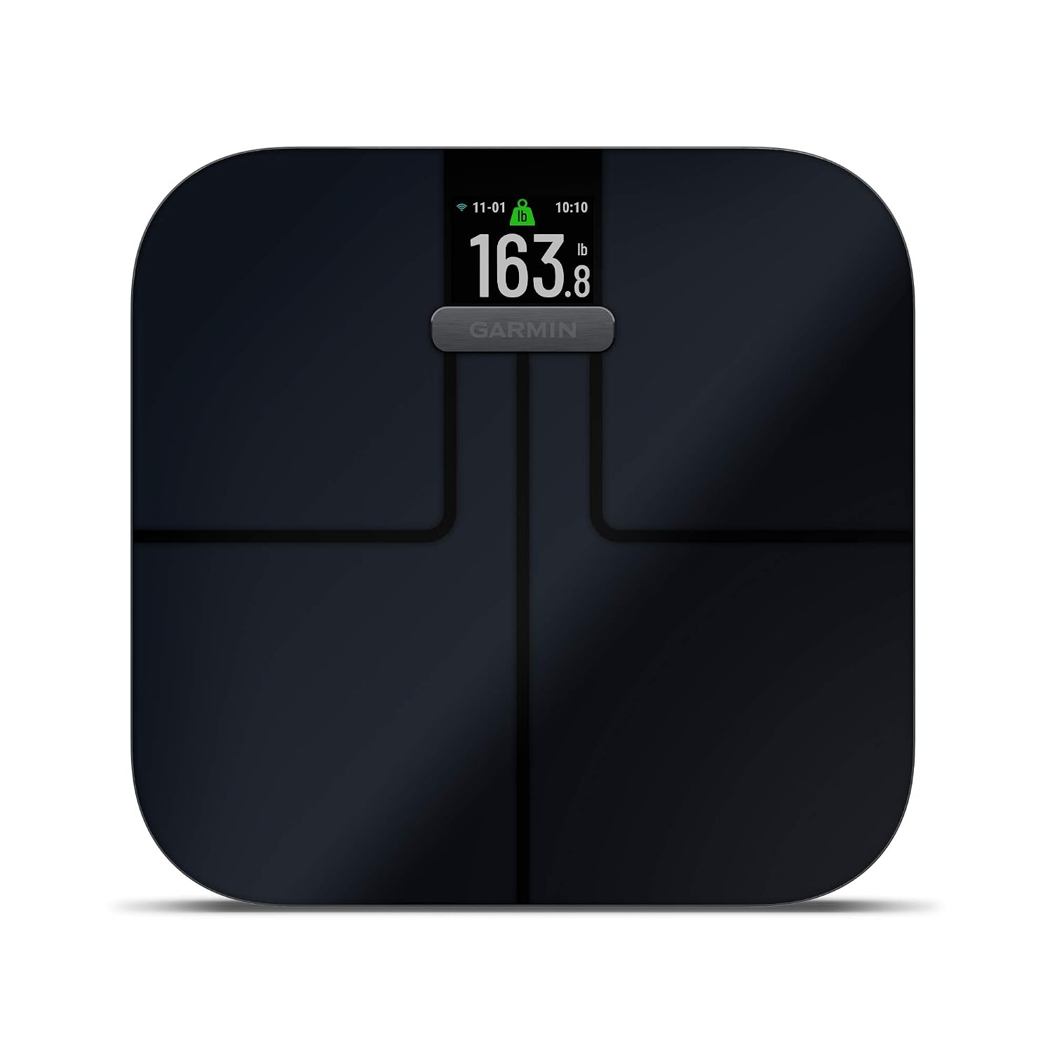 Garmin Index S2 smart scale in black showing a weight reading on its color display