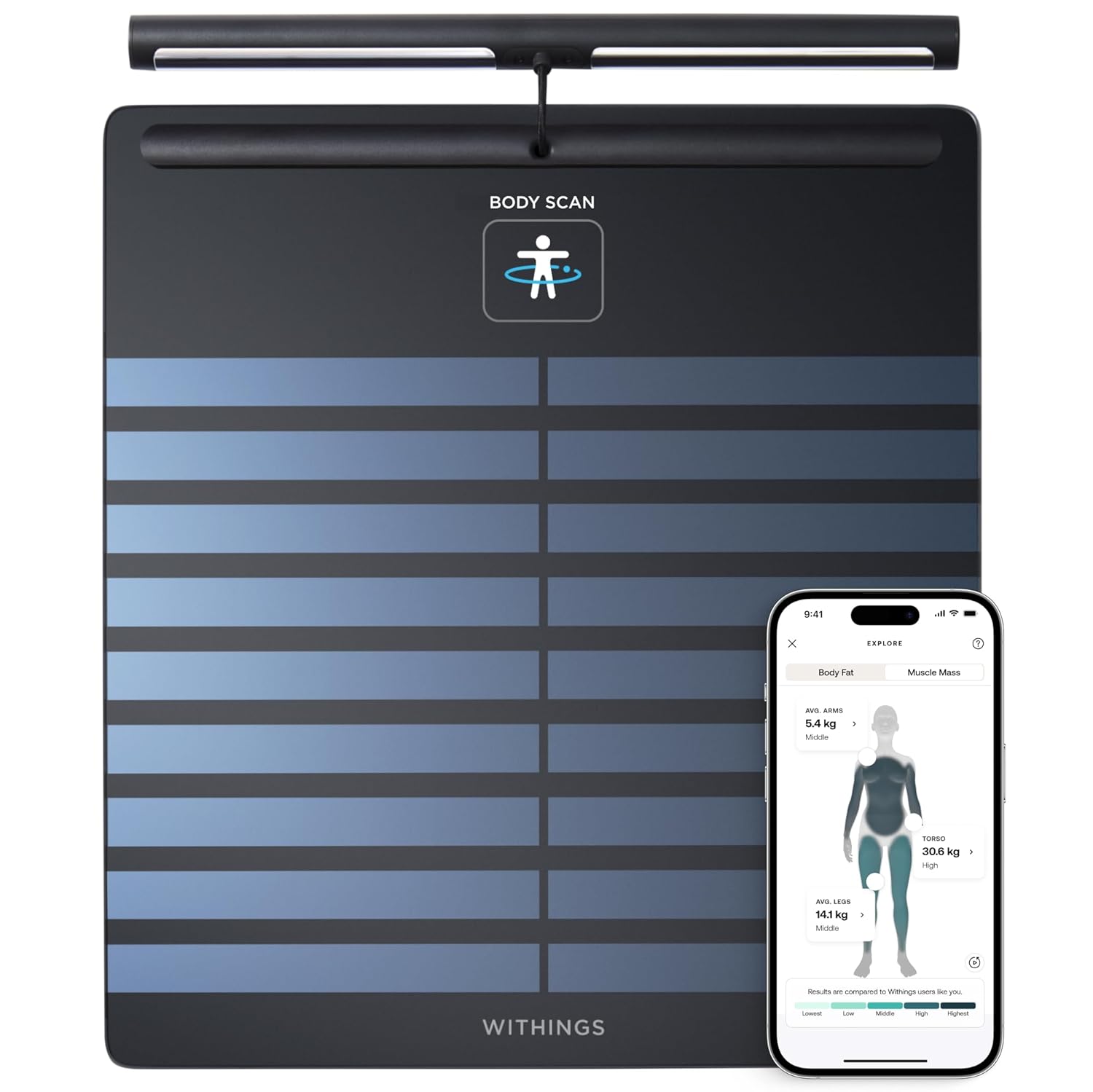 WITHINGS Body Scan smart scale with a retractable handle and segmental analysis display