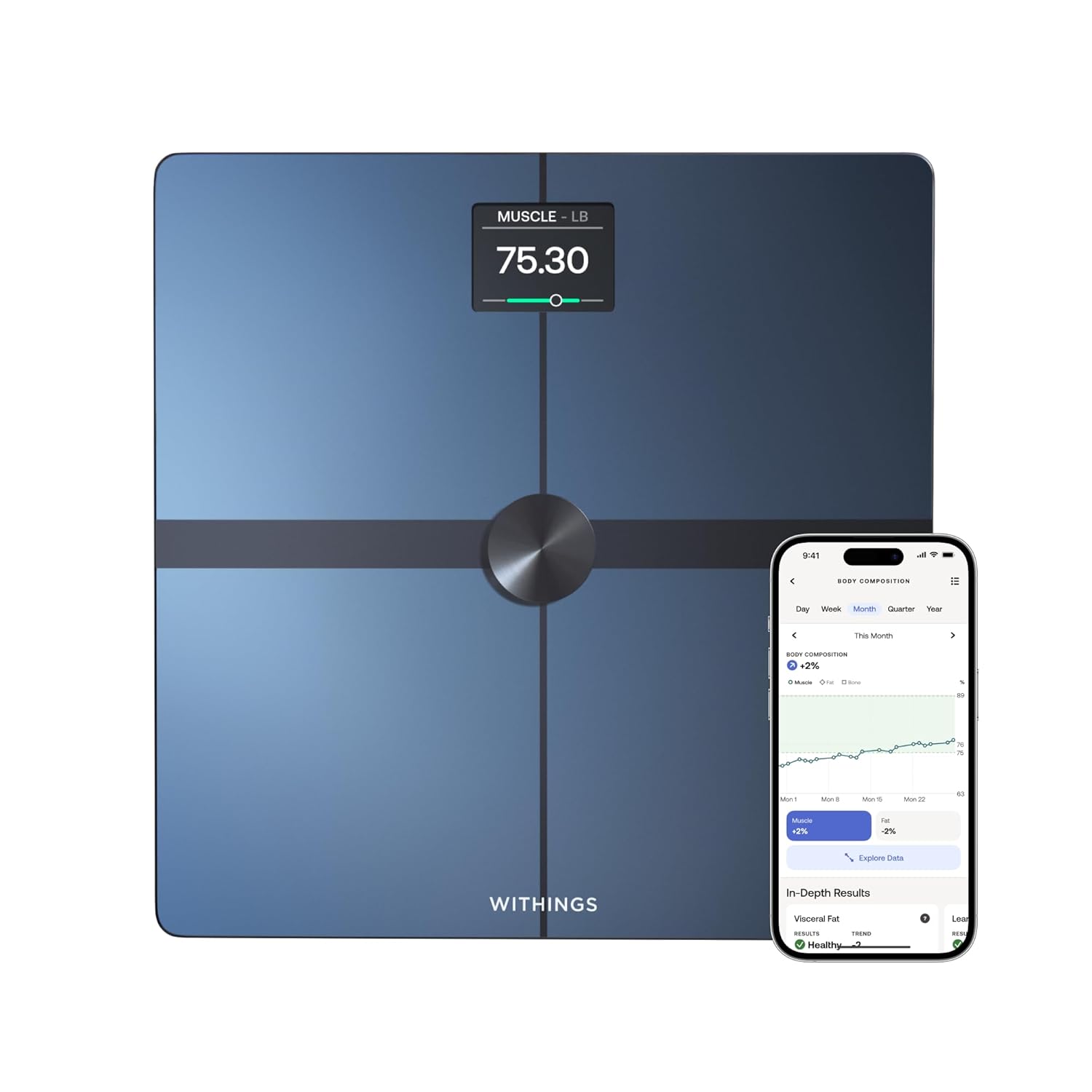 WITHINGS Body Smart smart scale in blue with a phone showing body composition data