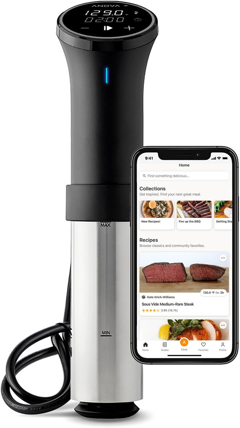 Anova Culinary Sous Vide Precision Cooker 3.0 with WiFi and a phone showing the Anova app