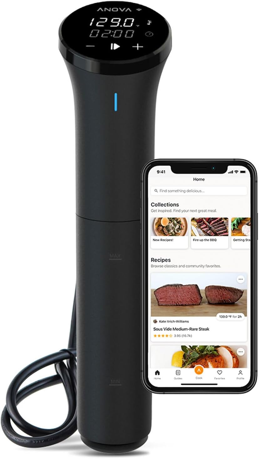 Anova Culinary Sous Vide Precision Cooker Nano 3.0 in black with the Anova app on a phone
