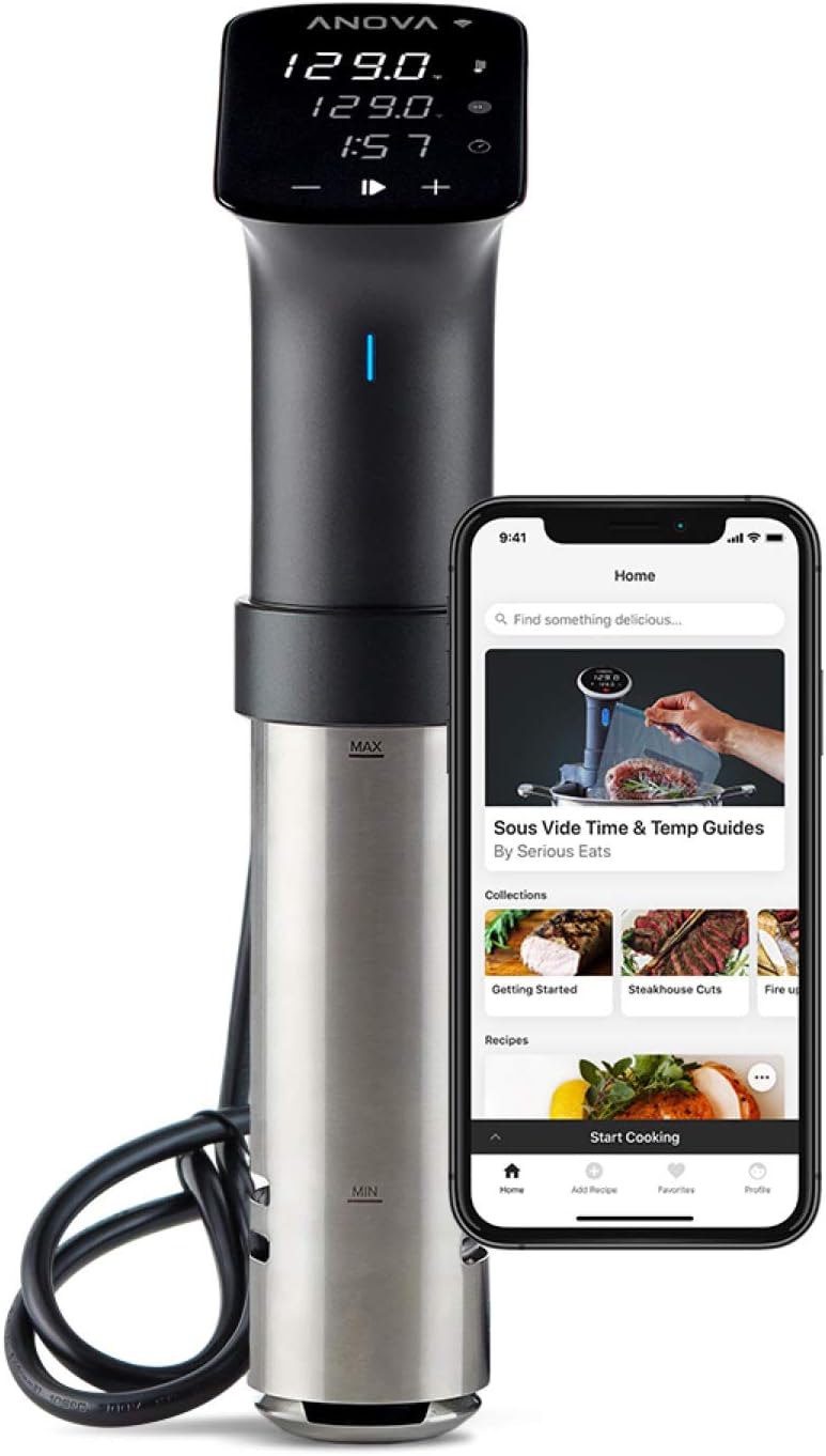 Anova Culinary Sous Vide Precision Cooker Pro in black and silver with the Anova app on a phone