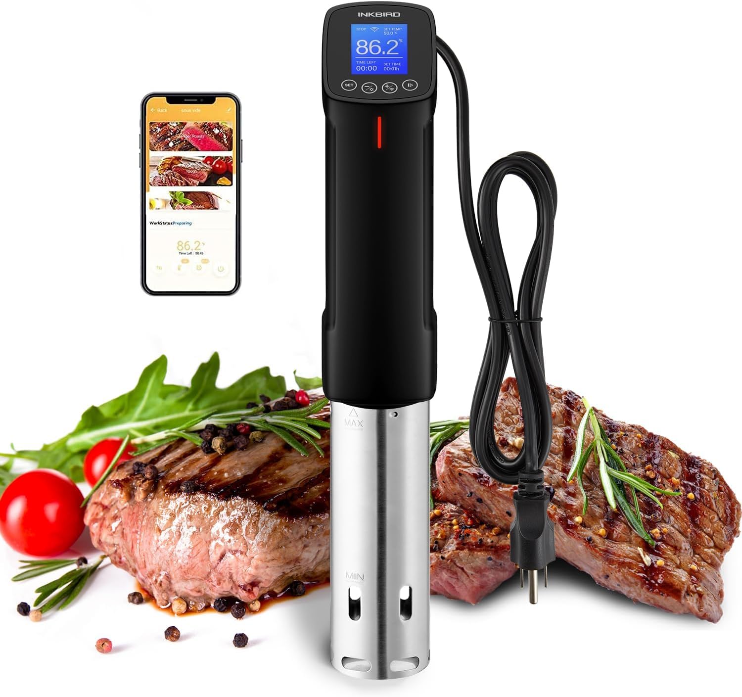 INKBIRD WIFI Sous Vide Cooker ISV-100W with a color display and the Inkbird app on a phone