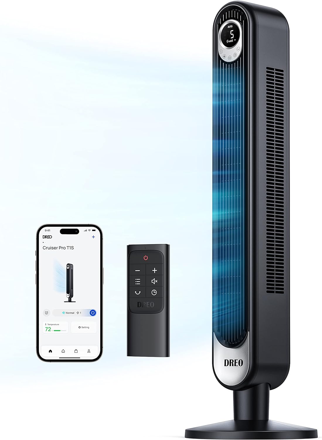 Dreo Cruiser Pro T1S smart tower fan in black with remote and control app