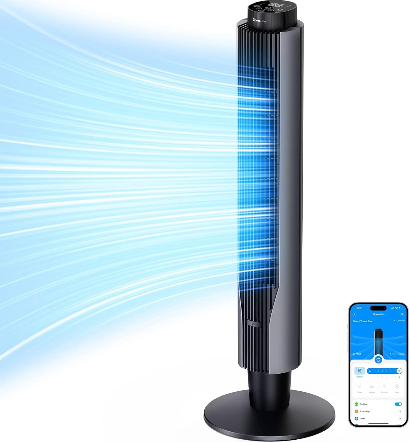GoveeLife 42-inch smart tower fan in black with control app on a phone